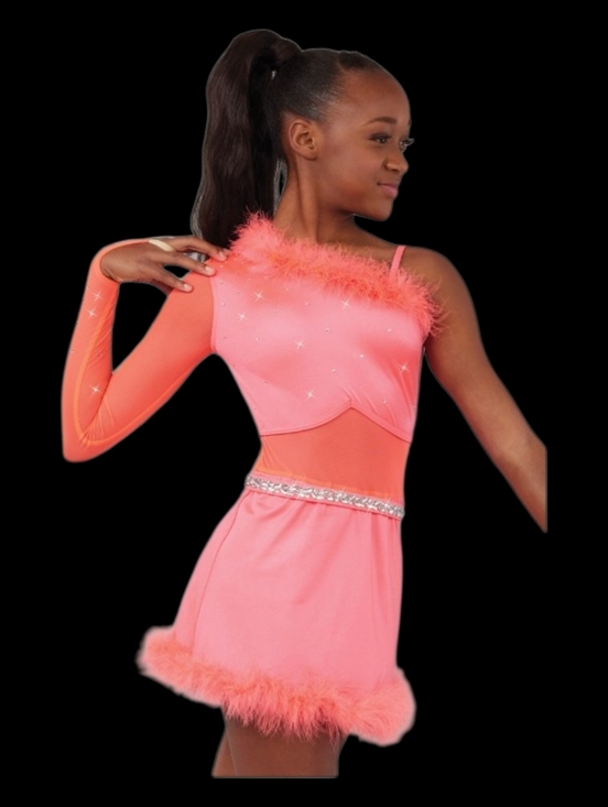 Weissman Other - Girls Weissman Coral Pink Competition Dress with Feather Trim Dance/Ice Skating